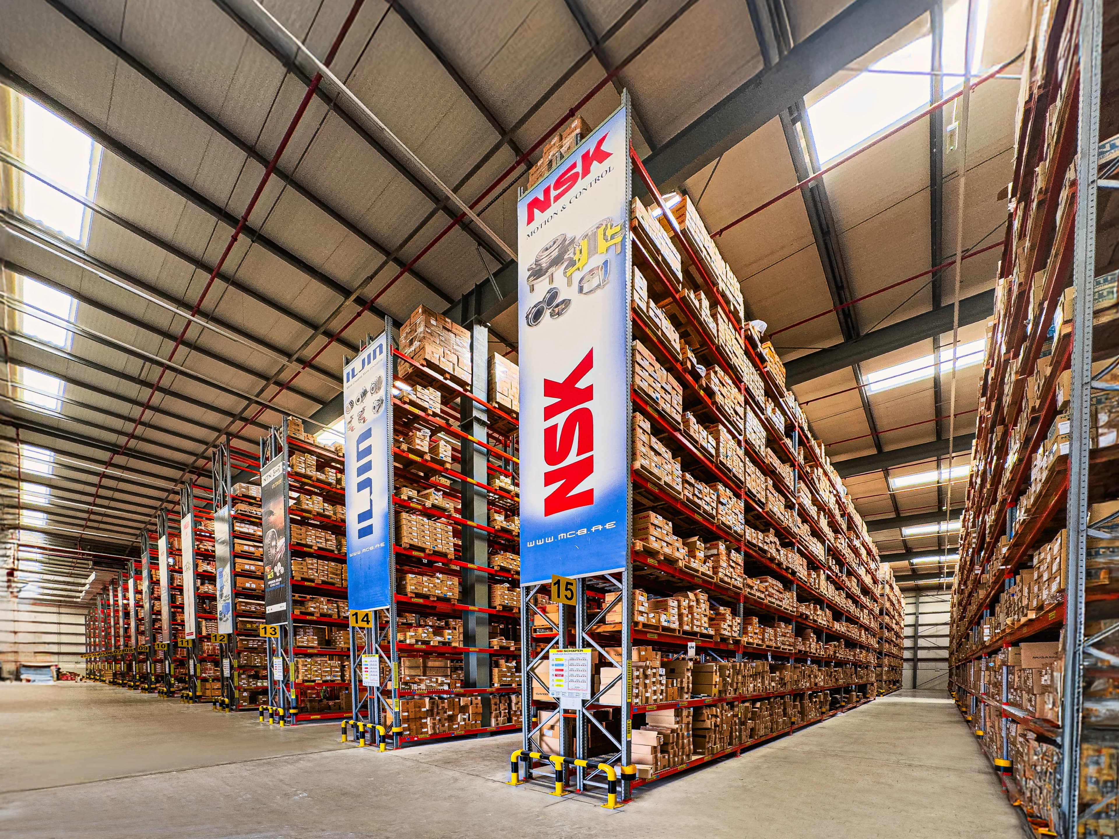 MCB Jebel Ali warehouse — bearings stocked on shelves